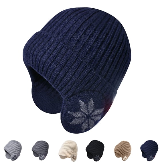 Domzle Winter Fleece Line Beanie Knit Hats with Ear Flaps for Men Women,Warm Thermal Stocking Caps for Outdoor Cold Weather Navy