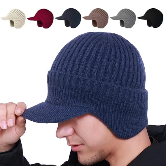 Domzle Winter Hats for Men with Ear Flaps Fuzzy Fleece Lined Beanie Hat with Visor Brim Outdoor Warmer Caps Khaki
