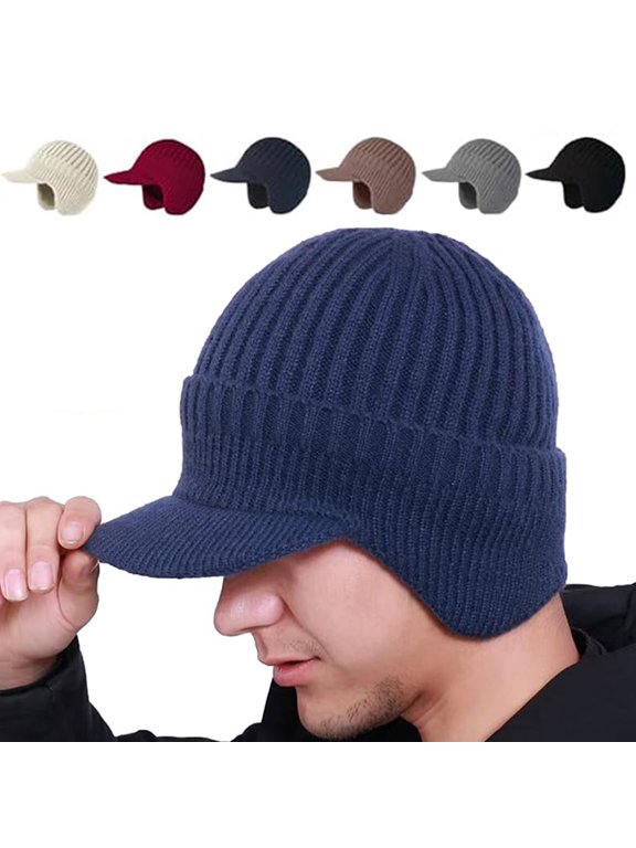 Winter Hats for Men with Ear Flaps Fuzzy Fleece Lined Beanie Hat with Visor Brim Outdoor Warmer Caps White