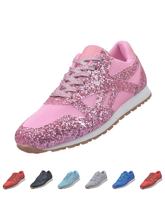 Women Casual Breathable Sneakers Lace Up Sport Shoes Glitter Tennis Sneakers Comfy Sparkly Running Shoes Shiny Sequin Flat Heel Shoes Pink