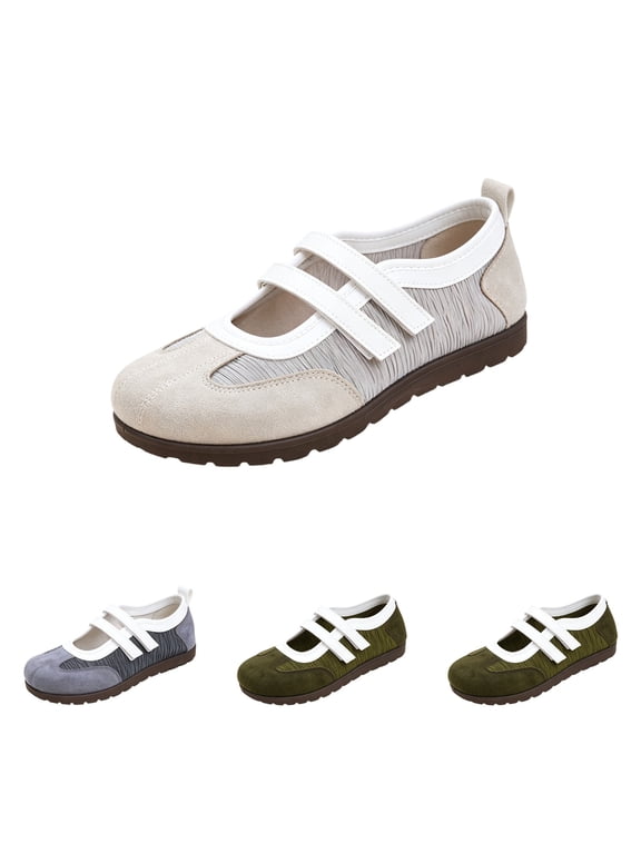 Women Classic Mary Jane Flats Fashion Retro Sneakers Casual Thin Sole Hook and Loop Double Straps Lightweight Walking Shoes Slip On Beige -BR44