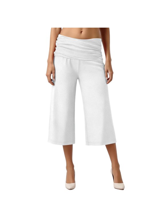 Women Fold Over Gaucho Pants Wide Leg Low Rise Flowy Capri Pants Yoga Lounge Cropped Flare Bottoms Culottes Summer White M