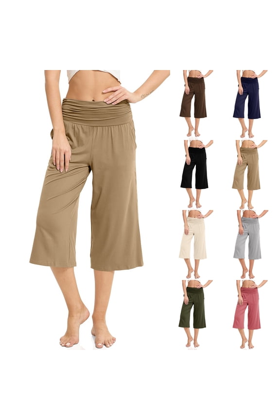 Women Fold Over Gauchos Low Rise Cropped Wide Leg Capri Pants Summer Foldover Yoga Culottes Pajama Pants Bottoms Dark Gray M
