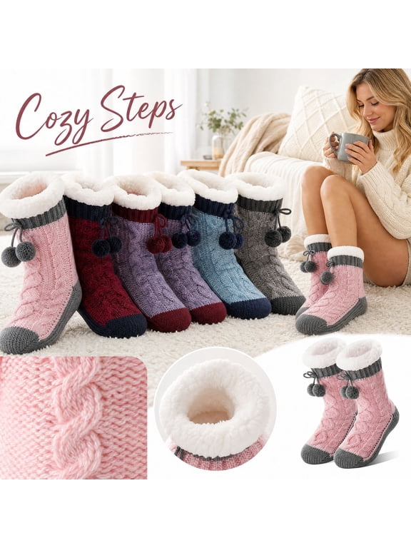 Women Slipper Fuzzy Socks with Grips Thermal Christmas Gift Cable Knit with Bows, Cozy Fleece Fluffy Socks, Winter Warm Thick Plush, Non Slip House Footwear Blue