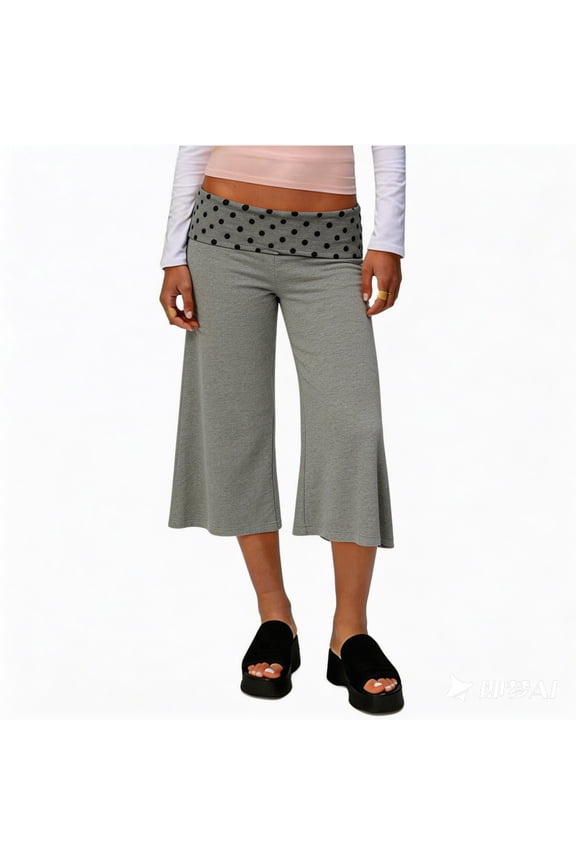 Women Y2K Fold Over Lounge Capris Wide Leg Cropped Flowy Gaucho Pants Low Rise Stretch Casual Yoga Culottes Pant White S
