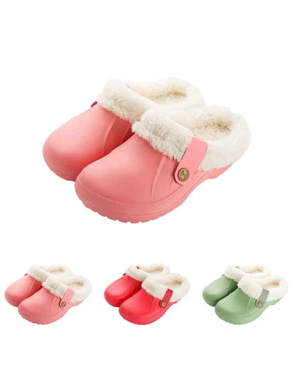 Women and Men Faux Fur Lined Clogs Memory Foam Warm Fuzzy Slippers Winter Waterproof Indoor Outdoor Slipper Pink
