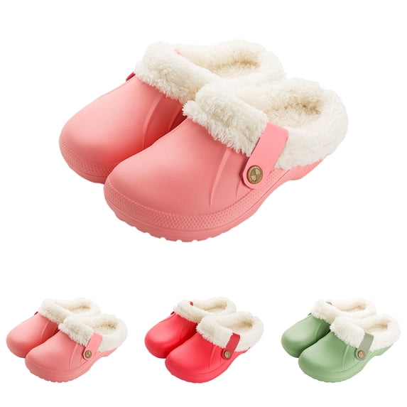 Domzle Women and Men Faux Fur Lined Clogs Memory Foam Warm Fuzzy Slippers Winter Waterproof Indoor Outdoor Slipper Red