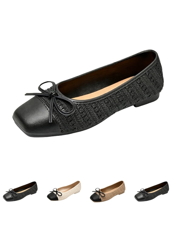 Women's Ballet Flats Cap Toe Bow Flats Two Tone Slip On Flats Comfort Square Toe Dressy Flat Shoes for Casual Work Black