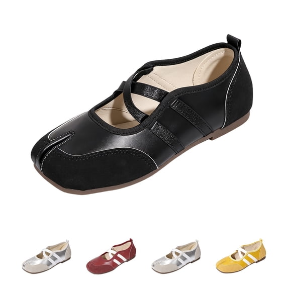 Domzle Women's Ballet Flats Sporty Split Toe Mary Jane Shoes Criss Cross Strap Non Slip Rubber Sole Faux Leather Flat Shoes Black 40
