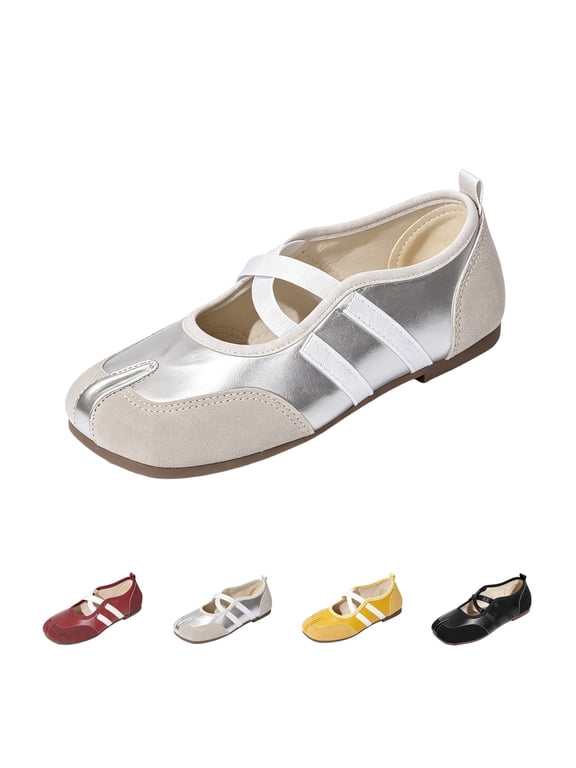 Women's Ballet Flats Sporty Split Toe Mary Jane Shoes Criss Cross Strap Non Slip Rubber Sole Faux Leather Flat Shoes Light Gray 39