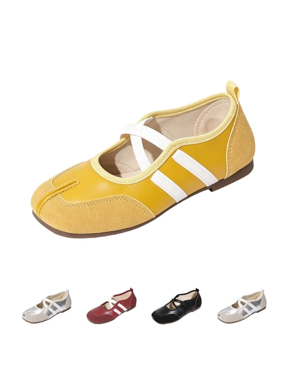 Women's Ballet Flats Sporty Split Toe Mary Jane Shoes Criss Cross Strap Non Slip Rubber Sole Faux Leather Flat Shoes Yellow 37