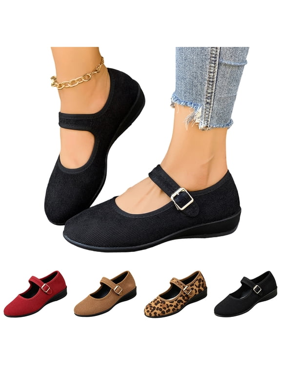 Women's Black Velvet Mary Jane Flat Shoes, Adjustable Buckle Faux Suede Round Toe Comfort Walking Shoes Red