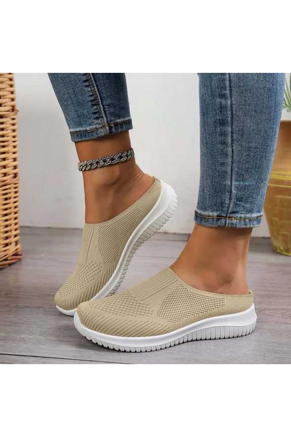 Women's Breathable Knit Slip-On Walking Shoes Orthopedic Slide on Backless Tennis Sneakers Loafers with Arch Support,2026 Summer Casual Slip on Mules Flats Memory Foam Clogs Beige