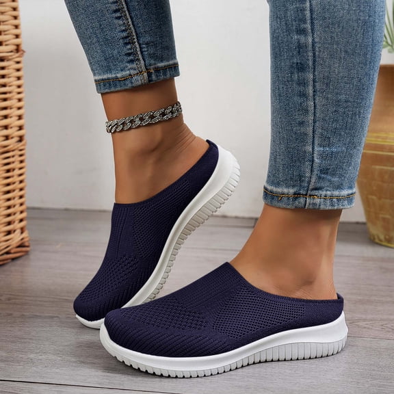 Domzle Women's Breathable Knit Slip-On Walking Shoes Orthopedic Slide on Backless Tennis Sneakers Loafers with Arch Support,2026 Summer Casual Slip on Mules Flats Memory Foam Clogs Blue