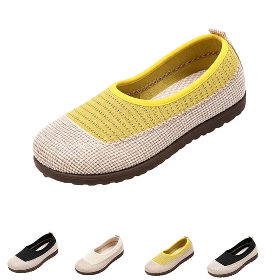 Domzle Women's Breathable Mesh Flats Shoes, Soft Loafers Flats, White Slip on Shoes Loafer Knit Low Wedge Dressy Ballet Shoes Yellow