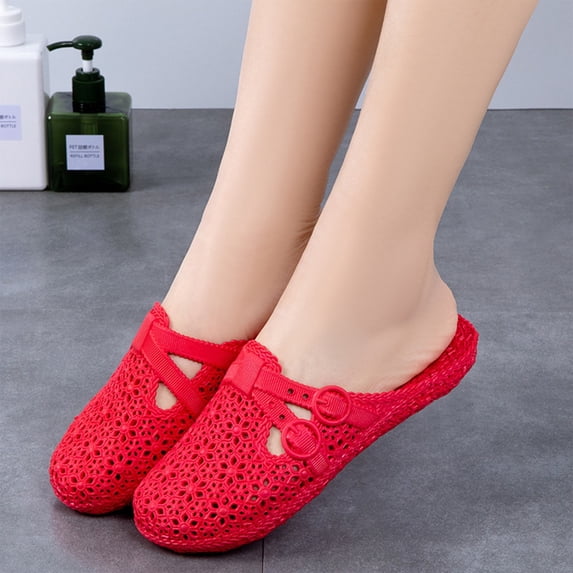 Domzle Women's Closed Toe Bathroom Slides Quick Drying Soft Lightweight Non Slip Slippers for Shower Spa Beach Hollow Out Mesh Slide Sandals Red