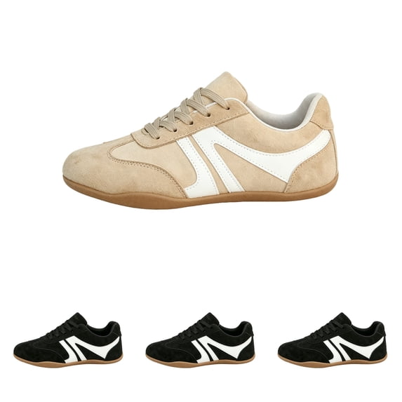 Domzle Women's Fashion Sneakers Low Profile Thin Sole Lightweight Comfortable Casual Walking Shoes Trending Retro Athletic Workout Beige -BU47