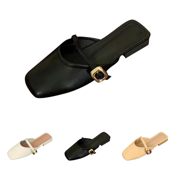 Domzle Women's Faux Leather Closed Toe Mary Jane Flat Mules Fashion Square Toe Soft Sole Comfortable Slip on Backless Flats Casual Office Dressy Walking Shoes Mules