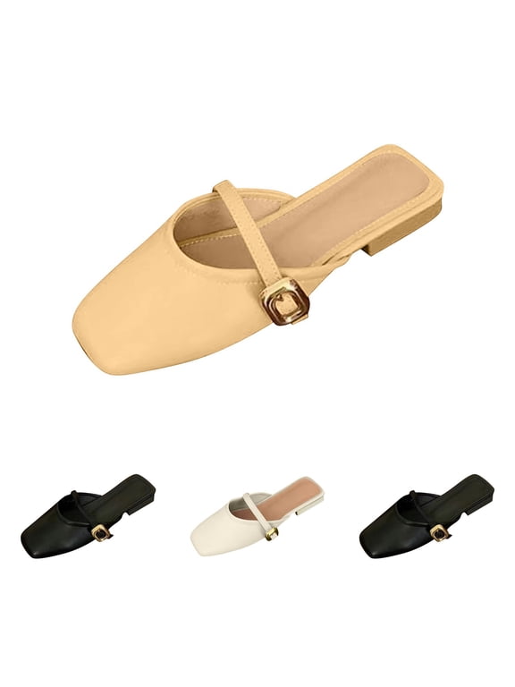 Women's Faux Leather Closed Toe Mary Jane Flat Mules Fashion Square Toe Soft Sole Comfortable Slip on Backless Flats Casual Office Dressy Walking Shoes Mules