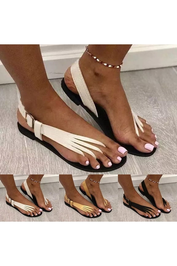Women's Flat Sandals Unique Toe Separator Thong Buckle Ankle Strap Casual Summer Beach Shoes Open Toe Comfy Strappy Sandals White