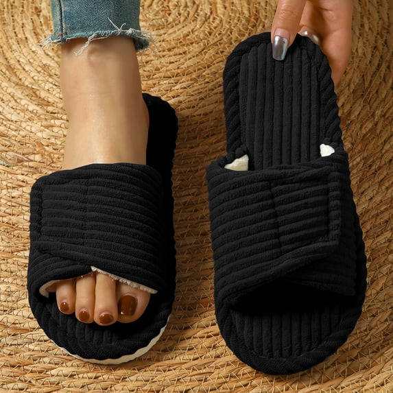 Domzle Women's Fuzzy Slippers Open Toe Cross Band Slippers Memory Foam House Slippers for Women Black