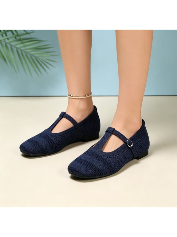 Women's Knit Mary Jane Square Toe Ballet Flats Adjustable Strap Comfort Ballet Flats Navy 36