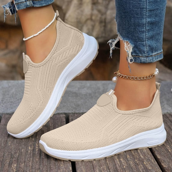 Domzle Women's Knit Orthopedic Flat Loafer Shoes 2026 Breathable Comfortable Non Slip Arch Support Soft Sole Office Daily Walking Travel Outdoor Casual Athletic Sneaker Khaki