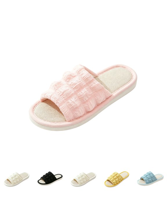 Women’s Linen Slippers Open Toe House Shoes Breathable Cute Bubble Slippers Anti-Slip Indoor Daily Footwear Pink