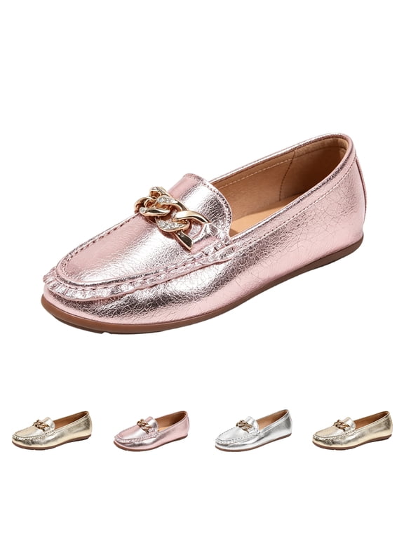 Women's Loafers, Slip-On Moccasins with Chain Detail, Slip On Flats with Memory Foam Insole, Casual Comfort Shoes Gold