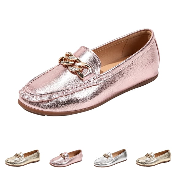Domzle Women's Loafers, Slip-On Moccasins with Chain Detail, Slip On Flats with Memory Foam Insole, Casual Comfort Shoes Gold