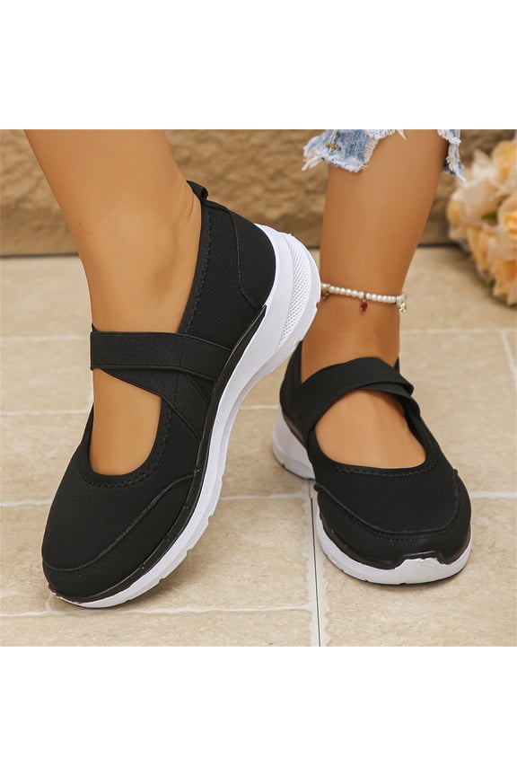 Women's Mary Jane Platform Sneakers - Crisscross Strap Casual Walking Shoes, Breathable Lightweight Wedge Loafers Orthopedic Walking Shoes Black