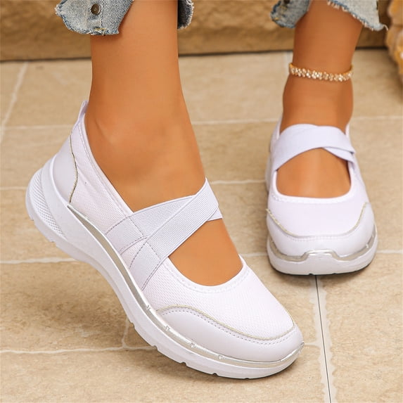 Domzle Women's Mary Jane Platform Sneakers - Crisscross Strap Casual Walking Shoes, Breathable Lightweight Wedge Loafers Orthopedic Walking Shoes White