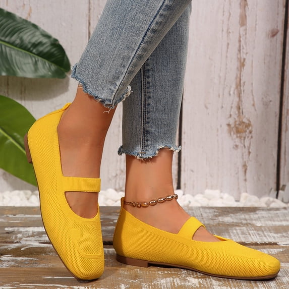 Domzle Women's Mesh Flat Sneakers 2026 Breathable Elastic Woven Knitting Comfortable Solid Slip-on Non-Slip Sport Shoes Comfy Lightweight Walking Work Tennis Gym Casual Wedge Athletic Loafers Yellow