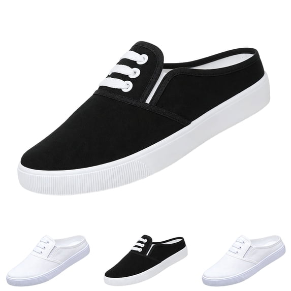 Domzle Women's Mules Slip-On Sneakers, Wide Canvas Backless Shoes | Suede-Covered Memory Foam Insole, Breathable Upper, Cushioned Comfort for Casual Wear, Errands and Travel Black