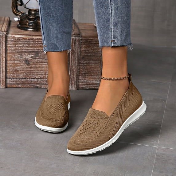 Domzle Women's Orthopedic Knit Comfort Loafers-Slip-Resistant Walking Shoes, Non-Slip Lightweight Soft Sole Mesh Low-Top Flat Camel