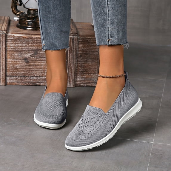 Domzle Women's Orthopedic Knit Comfort Loafers-Slip-Resistant Walking Shoes, Non-Slip Lightweight Soft Sole Mesh Low-Top Flat Gray