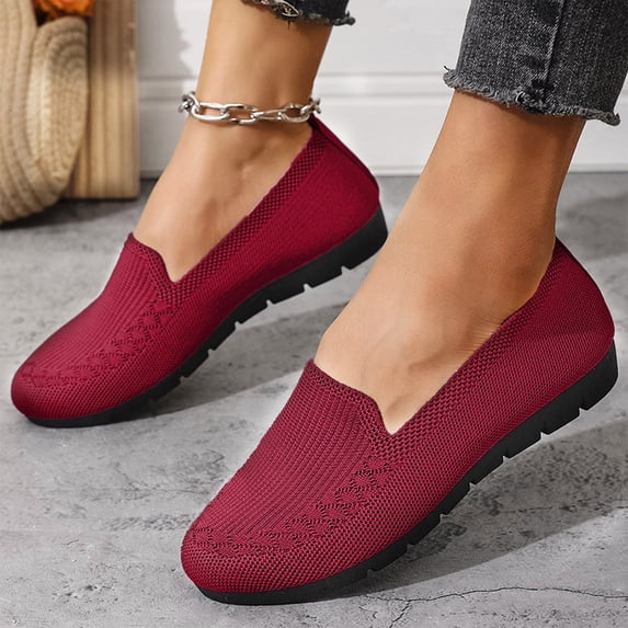 Domzle Women's Orthopedic Knit Comfort Loafers Slip on Walking Shoes, Non-Slip Lightweight Soft Sole Mesh Low-Top Flat Red
