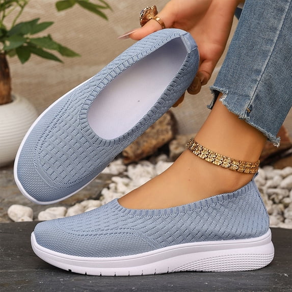 Domzle Women's Orthopedic Loafer Sneakers 2026 with Arch Support Breathable Knit Mesh Anti Slip Soft Walking Shoes Wide Width Slip on Comfortable Closed Toe Tennis Sneakers Light Blue