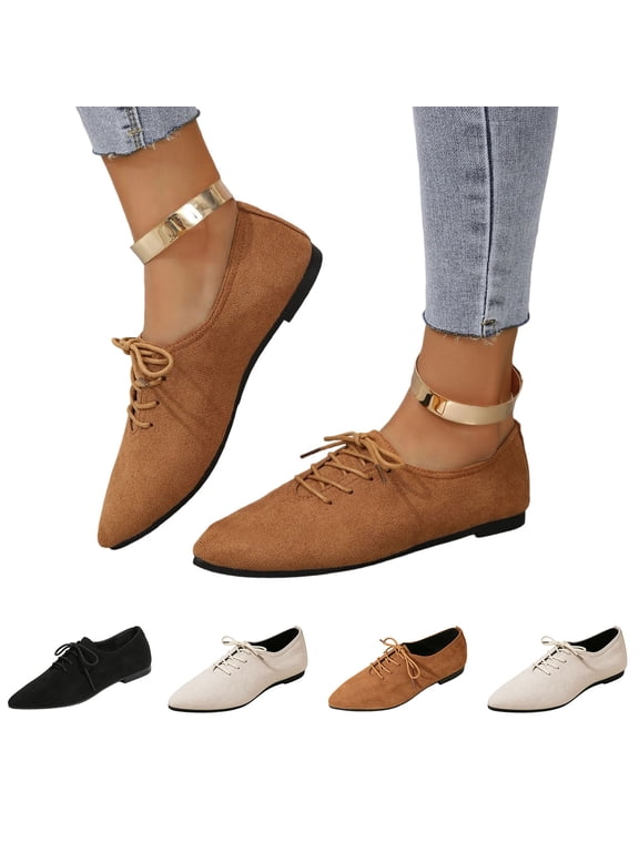 Women's Polished PU Faux Leather Classic Flat Oxfords Modern Low Top Non Slip Soft Sole Lace Up Dress Flat Shoes Comfortable Pointed Toe Business Formal Work Shoes Brown