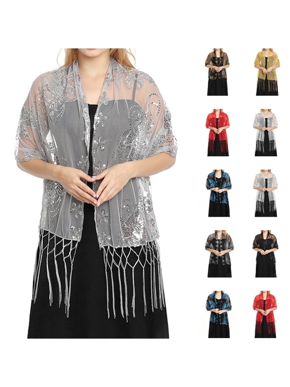 Women's Scarf Fringed Evening Sequin Shawl Wrap for Dress, Sparkly Pashmina, Glittering Cover Up, Mesh Wedding Cape, Vintage Gray