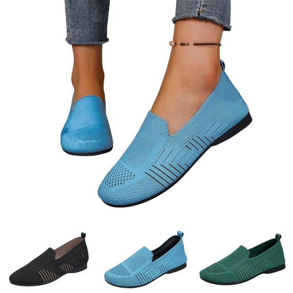 Domzle Women's Slip-On Hollow Knit Mesh Loafers, Lightweight Breathable Comfort Casual Walking Flat Shoes for Daily Outdoor Blue