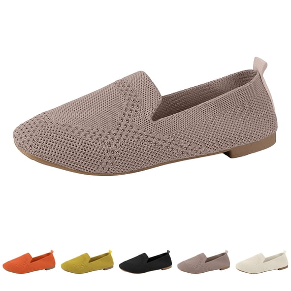 Domzle Women's Slip On Loafer Shoes Mesh Casual Flat Walking Sneakers Knit Round Toe Casual Memory Foam Shoes for Casual Wear Beige