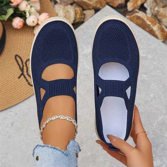 Domzle Women's Slip On Walking Shoes Breathable Knit Loafers Lightweight Casual Comfort Flats for Work Travel and Everyday Wear Blue 40