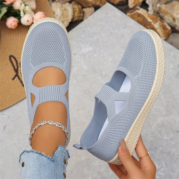 Domzle Women's Slip On Walking Shoes Breathable Knit Loafers Lightweight Casual Comfort Flats for Work Travel and Everyday Wear Gray 36