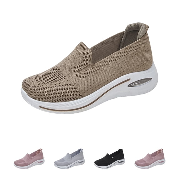 Domzle Women's Slip On Shoes Breathable Knit Mesh Casual Fashion Sneakers Comfortable Non Slip Thick Walking Shoes for Outdoor Work Sports Light Brown 5