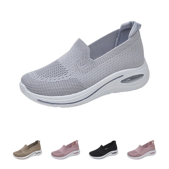 Domzle Women's Slip On Shoes Breathable Knit Mesh Casual Fashion Sneakers Comfortable Non Slip Thick Walking Shoes for Outdoor Work Sports Light Gray 5