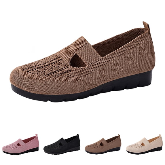 Domzle Women's Slip On Walking Orthopedic Shoes, Breathable Knitted Mesh Sneakers with Wide Width & Non-Slip Sole, Comfortable Casual Work Shoes for Outdoor Pink