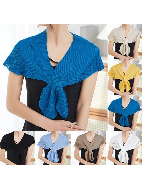 Women's Triangle Knotted Shawl Wraps Casual Hollow Out Crochet Knitted Sweater Scarf Retro Cape Dark Blue