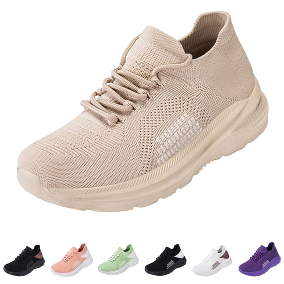 Domzle Women's Walking Shoes Lightweight Breathable Running Tennis Shoes Non Slip Athletic Fashion Sneakers Mesh Workout Casual Sports Beige 42