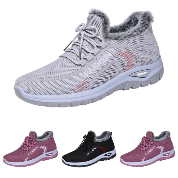Domzle Women's Warm Faux Fur Lined Orthopedic Snow Sneakers Comfortable Breathable Slip On Non Slip Mesh Casual Walking Shoes with Arch Support For Outdoor Daily Gray